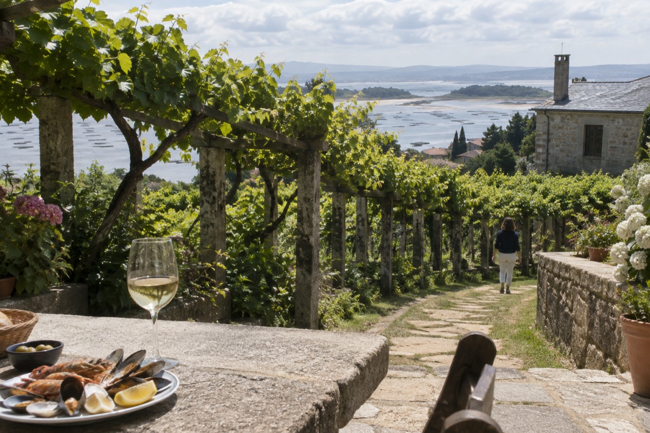 A glass of white Albariño wine on a stone table beside a plate of seafood in a Galician tavern