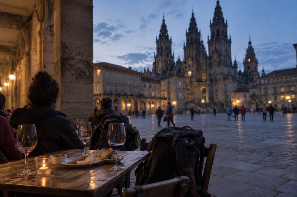 Pilgrims with backpacks sitting at an outdoor table with wine glasses near a cathedral square at dusk