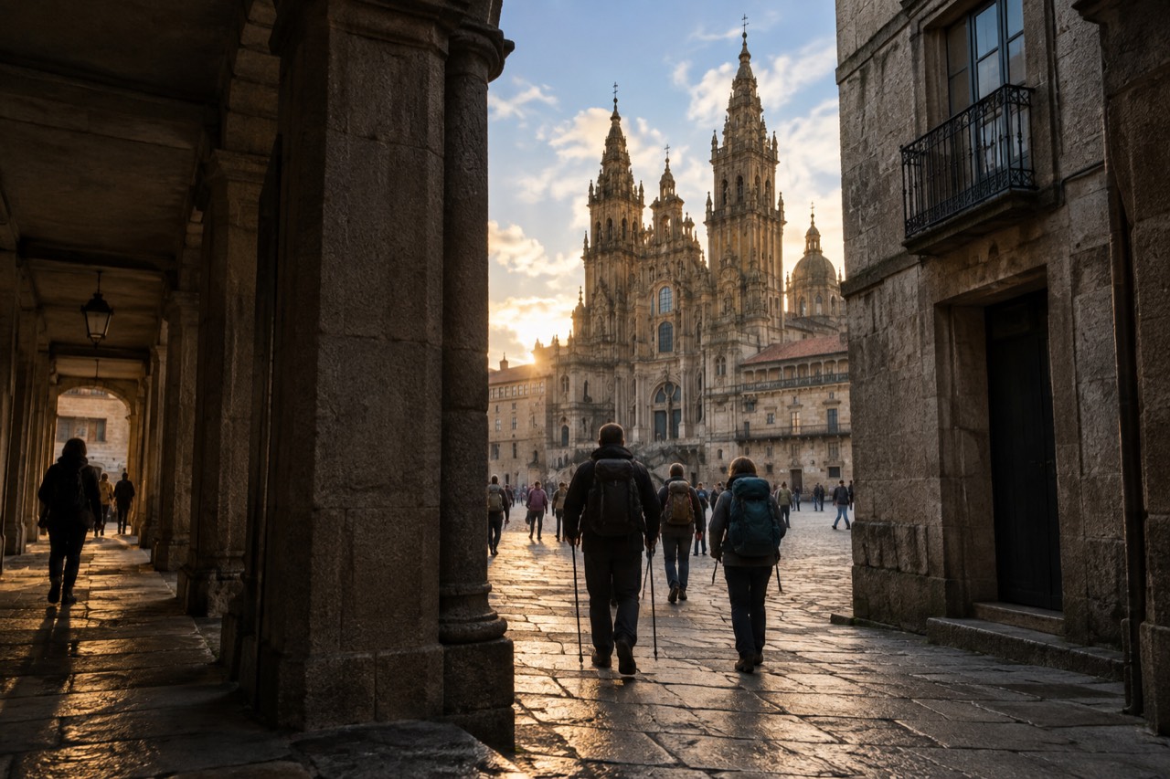 Pilgrims with backpacks walking into a granite old town square with a baroque cathedral facade behind them