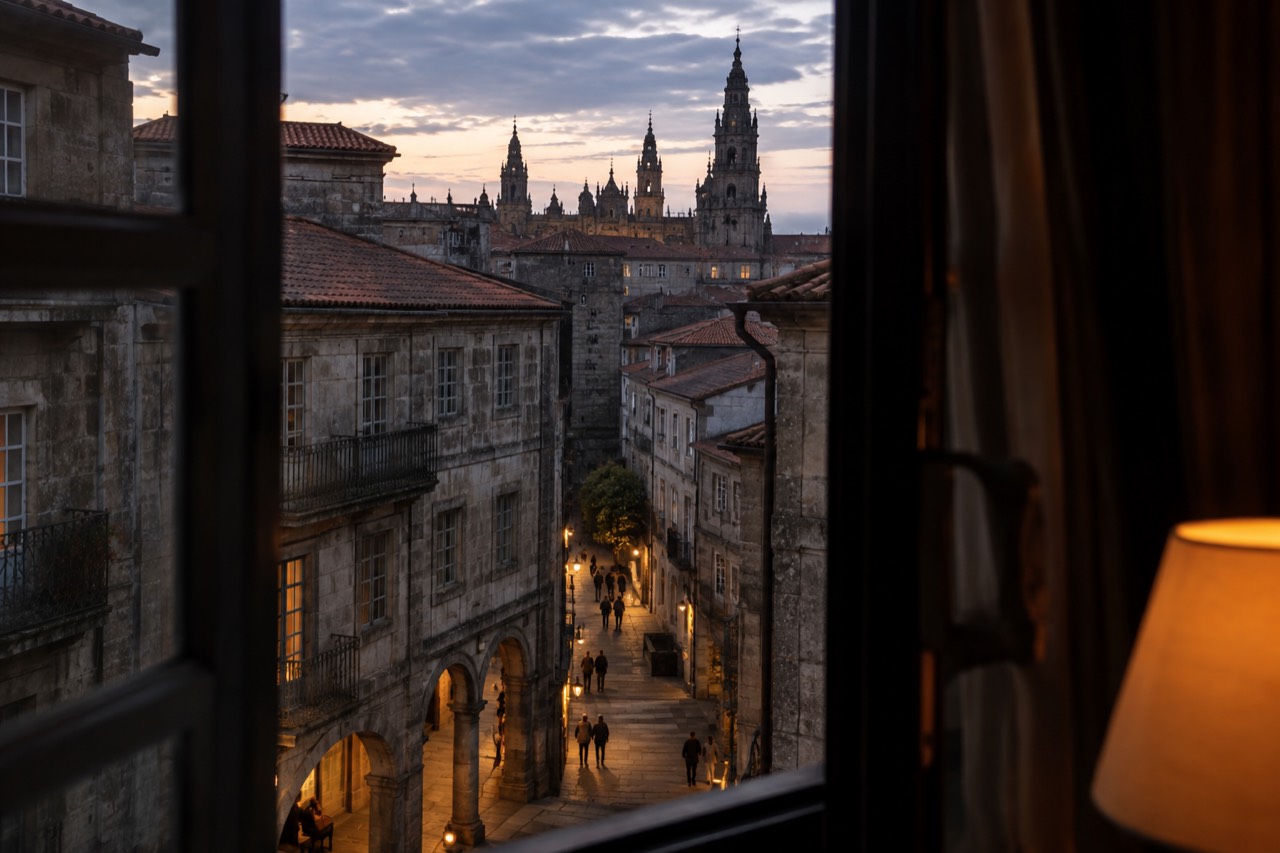 Hotel guest room overlooking the stone facades of the old town of Santiago de Compostela at dusk
