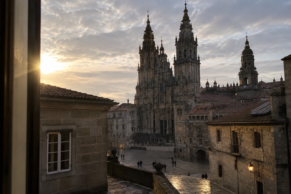 Evening view from a hotel window across illuminated granite buildings toward the lit Cathedral towers