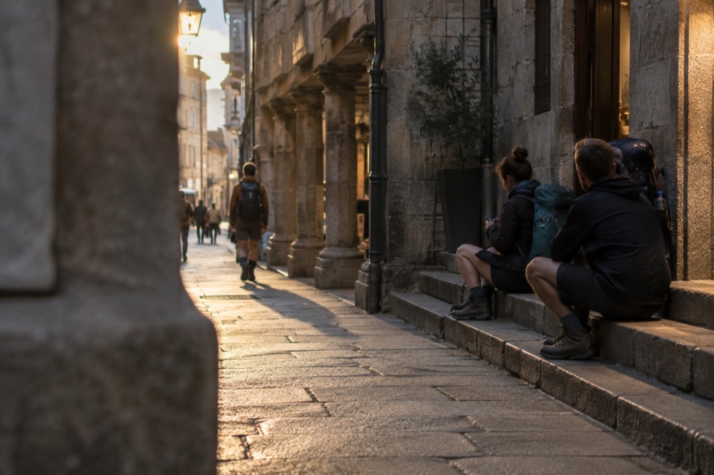 Pilgrims with backpacks resting on stone steps near a hotel entrance in the old town