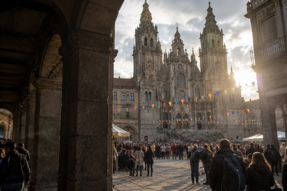 A crowded square in the old town with festival bunting and visitors gathered before the cathedral