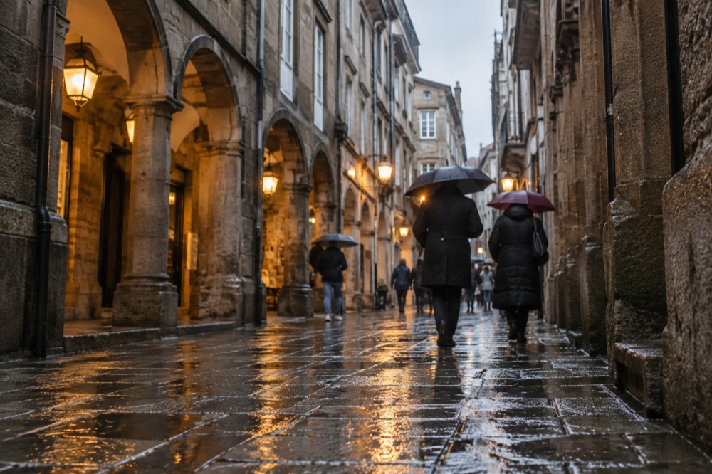 Wet cobblestone street in the old town reflecting lantern light during quiet winter rain