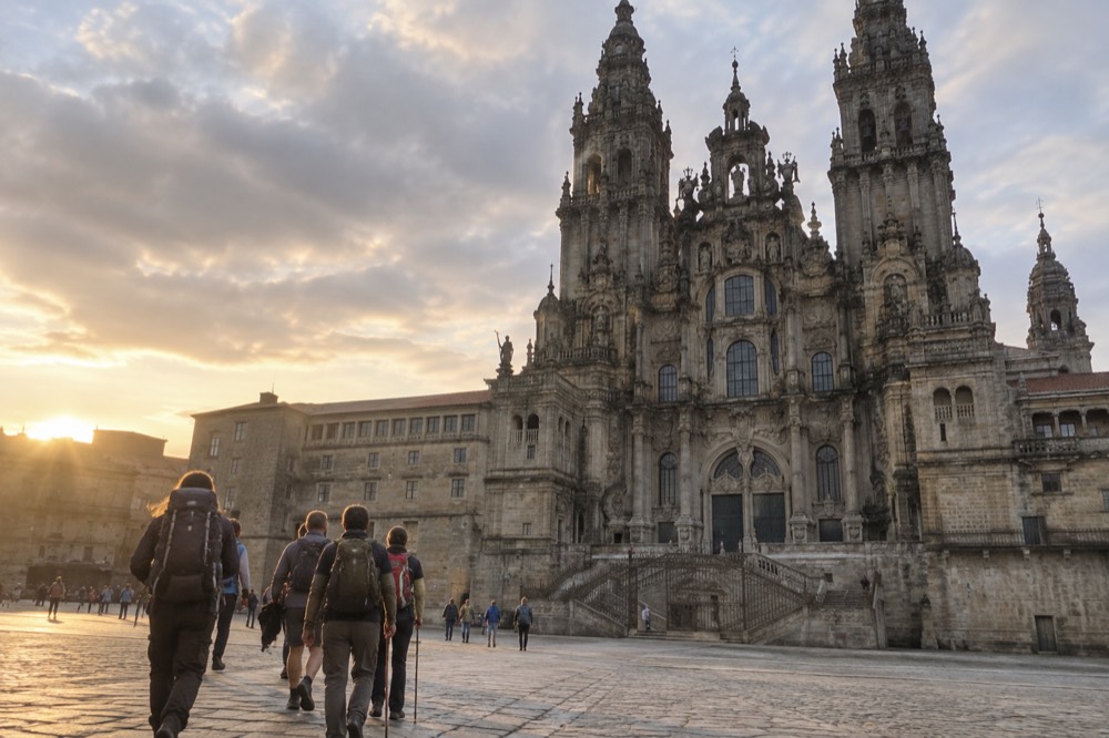 Pilgrims with backpacks walking a leafy rural path toward the city skyline
