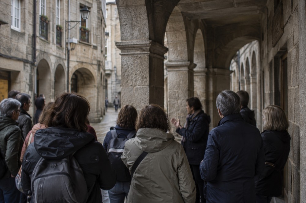 A guided group of visitors listening to a guide in a granite arcade in Santiago de Compostela