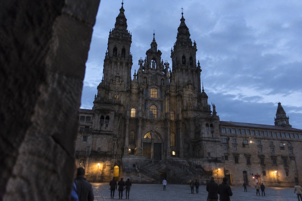 The baroque western facade of Santiago de Compostela Cathedral seen from Praza do Obradoiro
