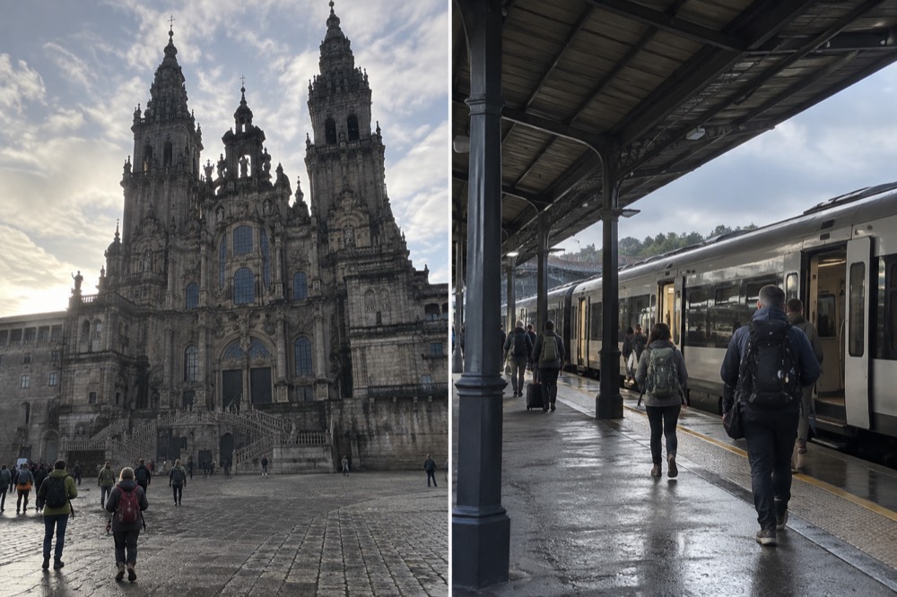 A regional train waiting at Santiago de Compostela station platform with travelers carrying backpacks