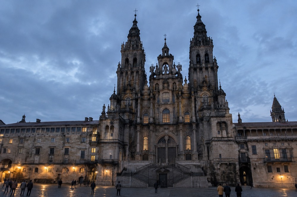 The interior of Santiago de Compostela Cathedral with restoration scaffolding visible over the crossing