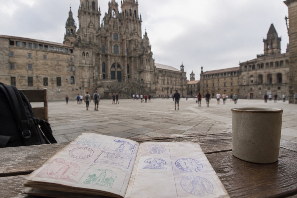 A pilgrim credencial passport lying open on a wooden table showing stamped squares