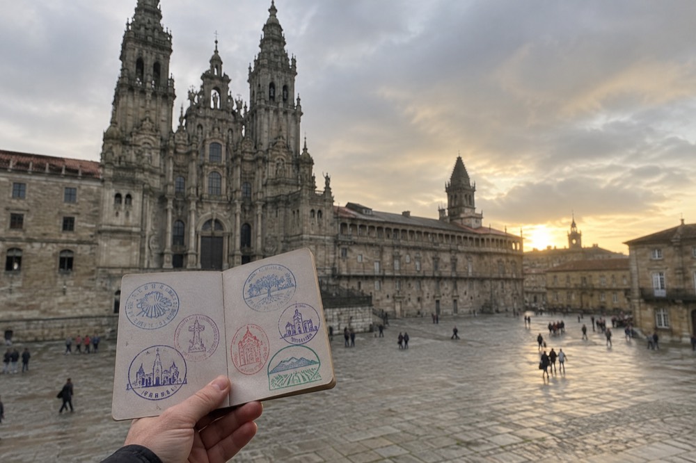 A pilgrim passport held open showing a row of colorful ink stamps from waypoints along the route