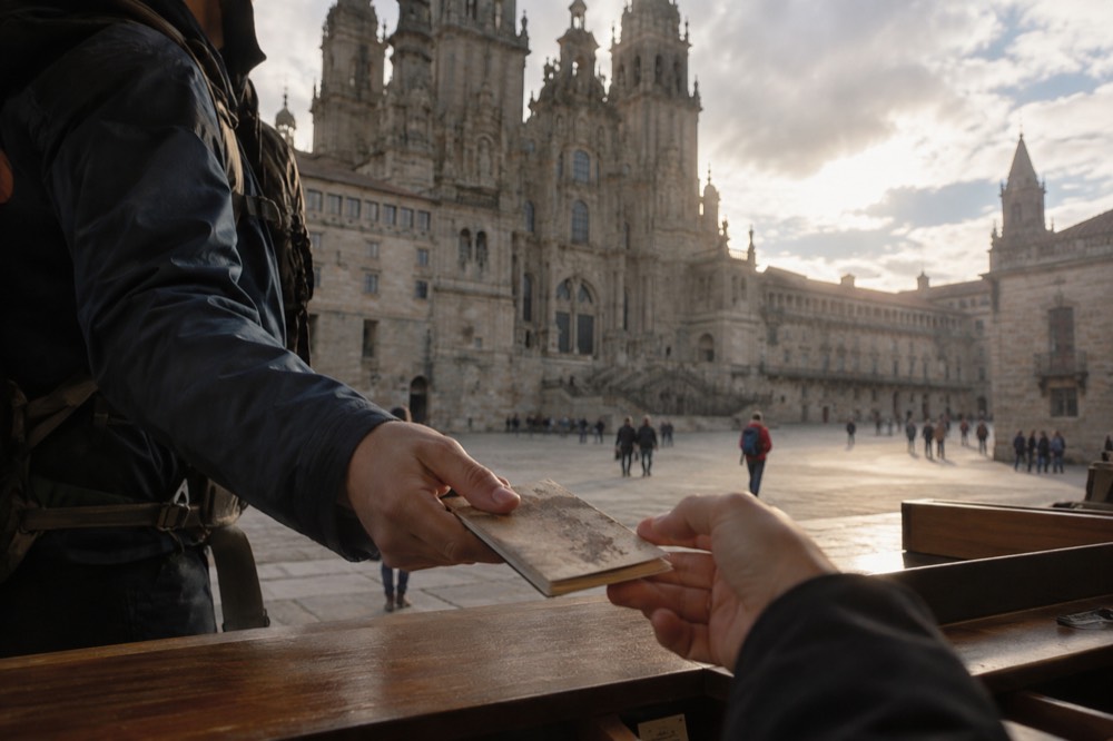 A pilgrim handing a well-worn credential across a wooden counter