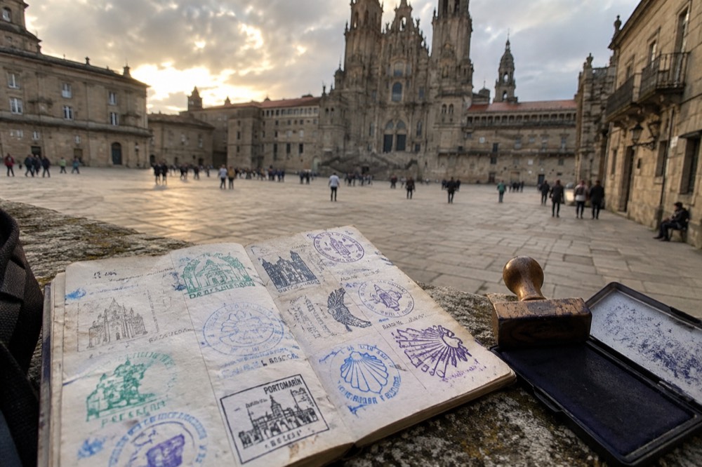 A rubber stamp and ink pad resting on an open credential full of impressions