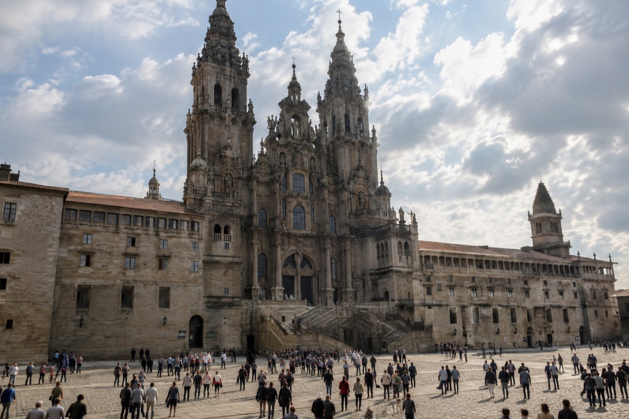 Crowds gathered on Praza do Obradoiro in front of the Cathedral of Santiago de Compostela on a bright summer day