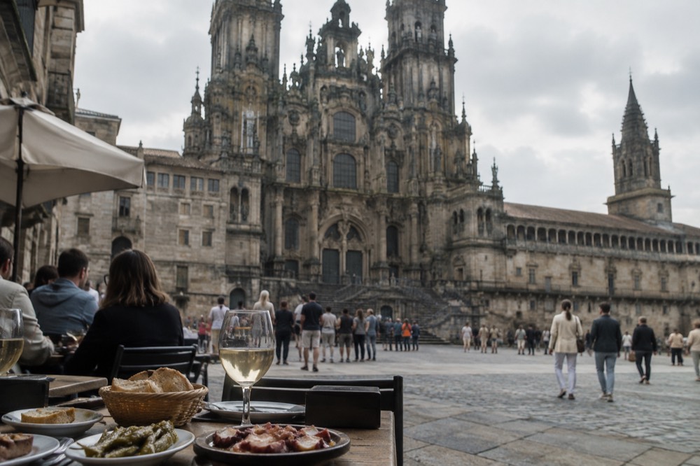 A table of Galician tapas with octopus, peppers and white wine in a crowded old-town bar in Santiago de Compostela