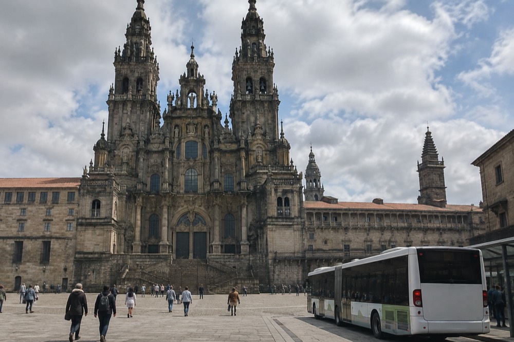 A city bus waiting at a stop outside the airport terminal in Santiago de Compostela