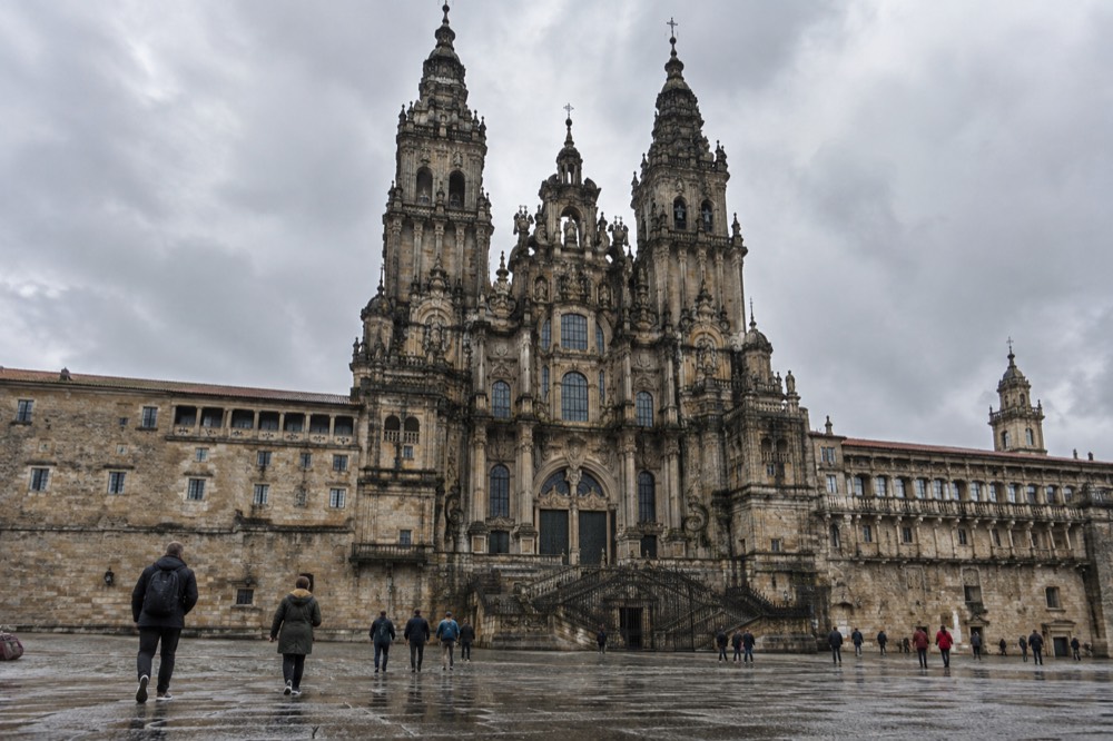 The baroque facade of Santiago de Compostela Cathedral seen from Praza do Obradoiro