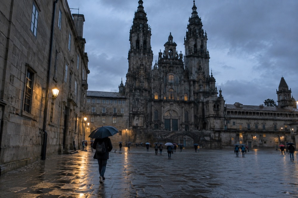 A rain-wet cobblestone street in Santiago de Compostela with visitors under umbrellas past granite facades