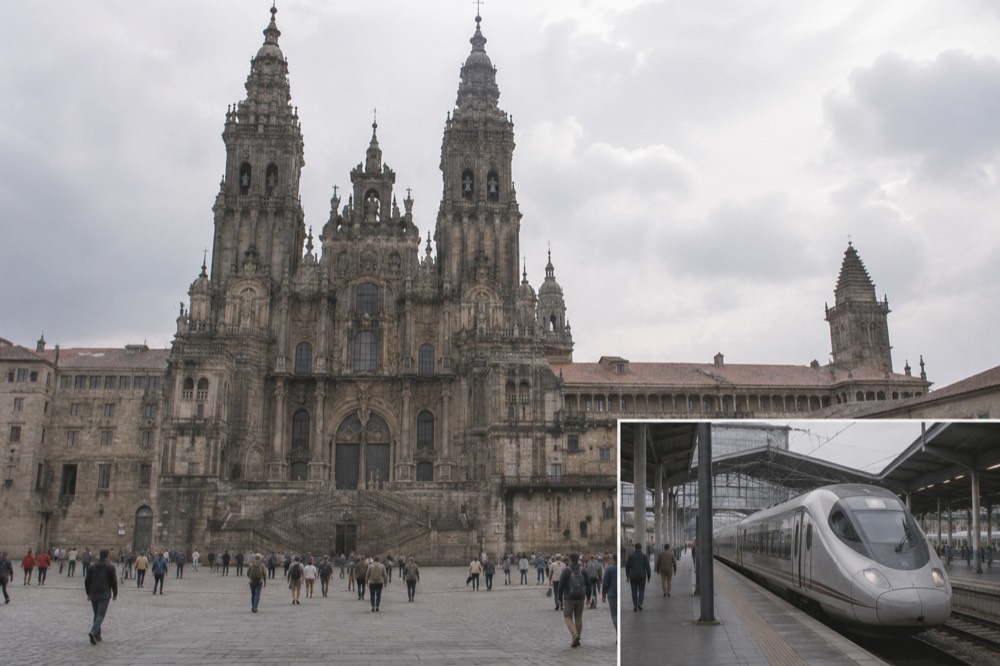 A modern high-speed train waiting at a platform in Santiago de Compostela station