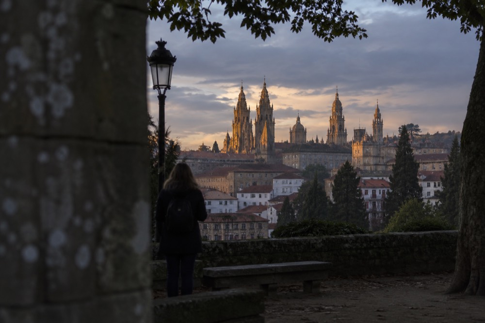 The granite skyline of Santiago de Compostela old town in golden evening light seen from a park viewpoint