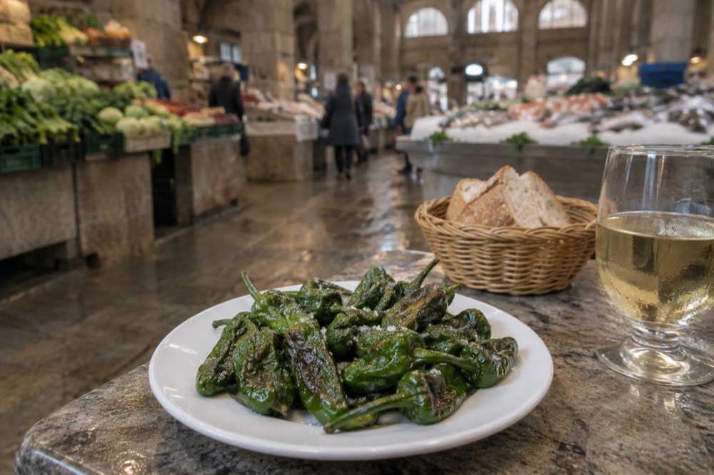 A plate of small green Padrón peppers fried in olive oil and coarse salt