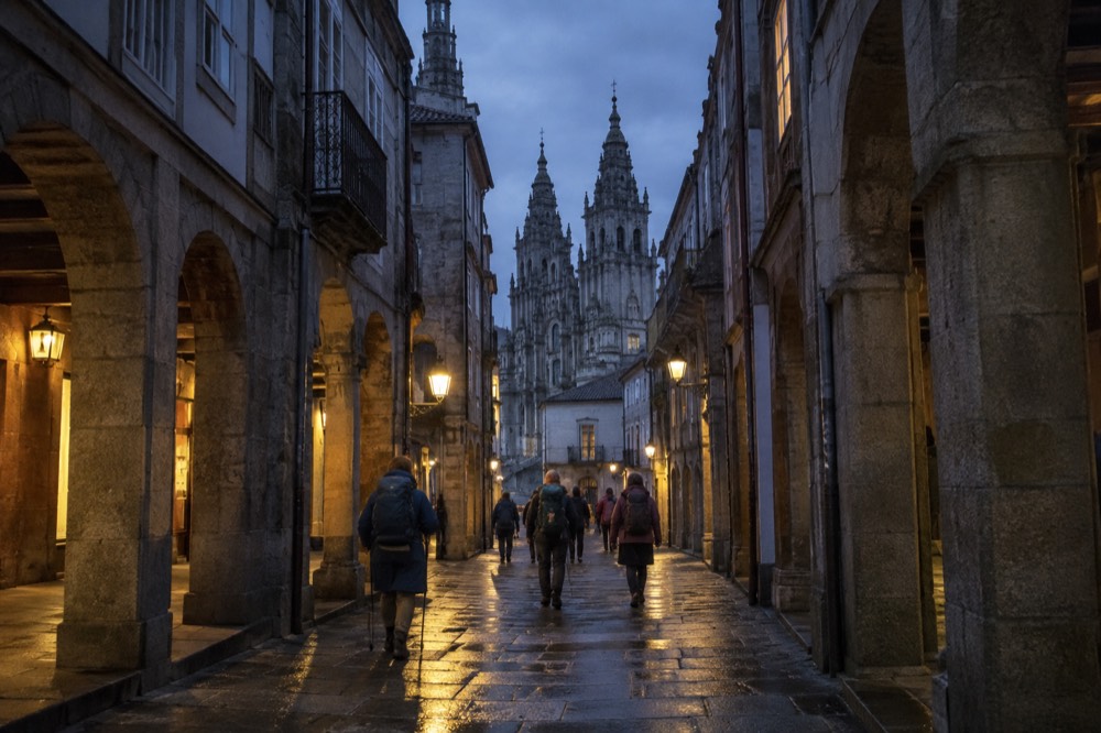 Pilgrims with backpacks walking along a stone street toward a cathedral facade