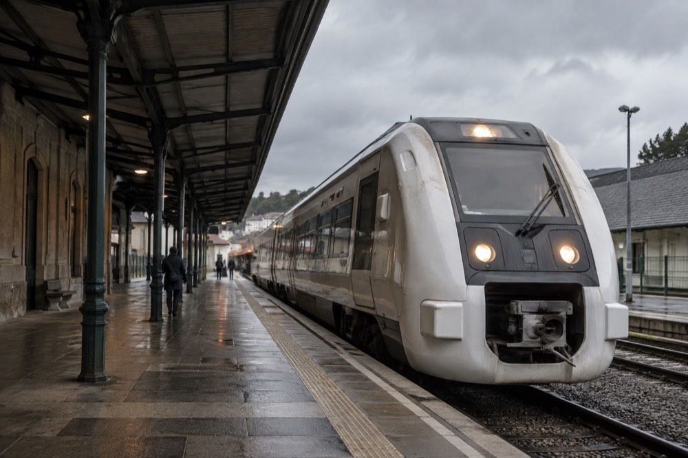 A regional train waiting at a station platform under a cloudy sky in Galicia