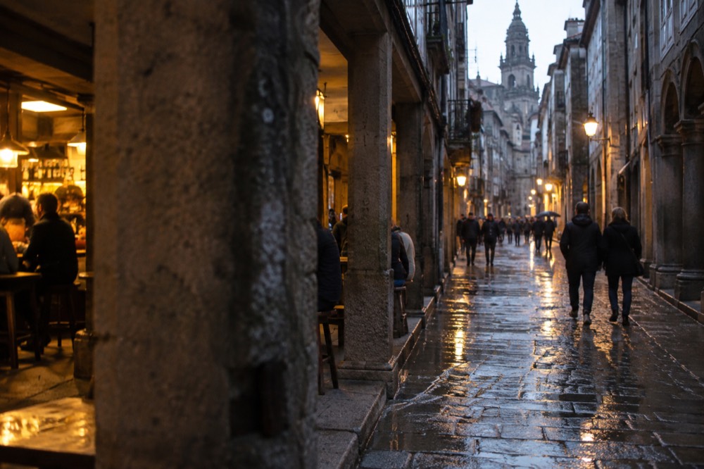 An evening street with lit bars and people walking on wet cobblestones