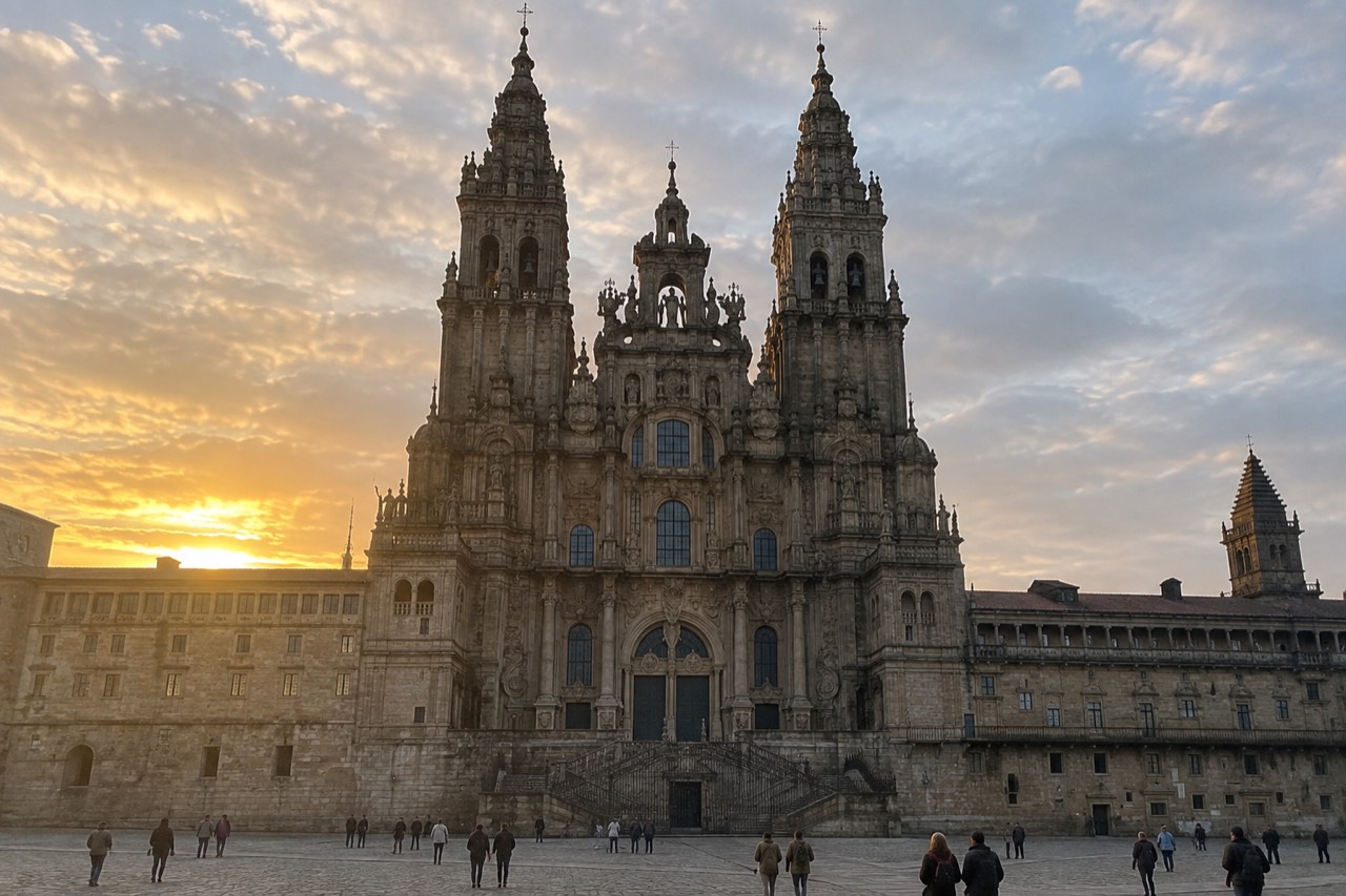 The Baroque facade of Santiago de Compostela Cathedral seen from Praza do Obradoiro at golden hour