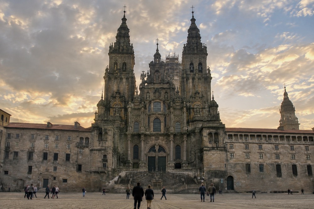 Restoration scaffolding visible above the crossing inside Santiago de Compostela Cathedral