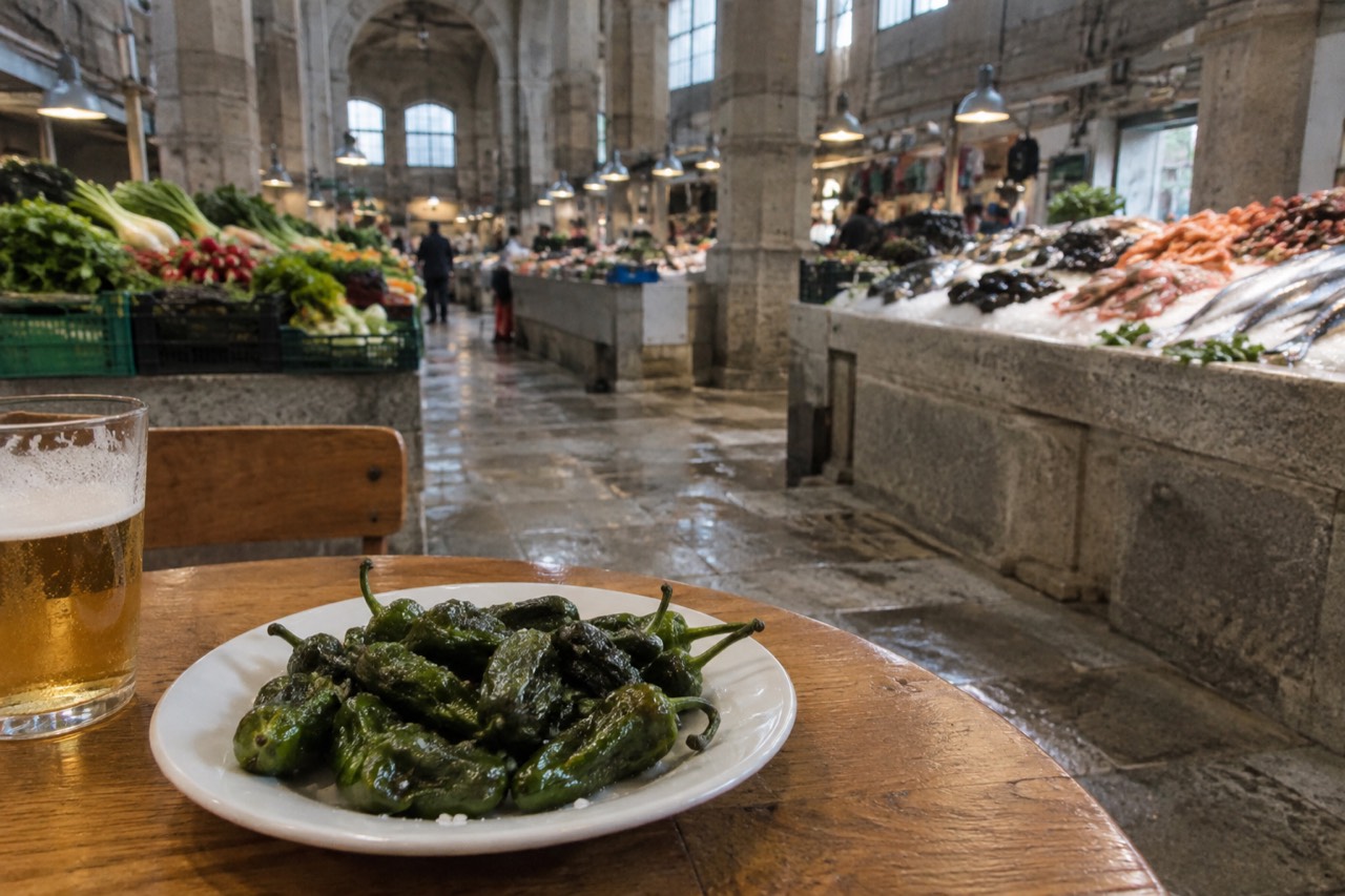 A plate of fried green Padrón peppers with coarse salt on a wooden table in a Galician bar