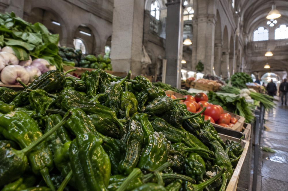 Close up of wrinkled green Padrón peppers glistening with olive oil and flakes of salt
