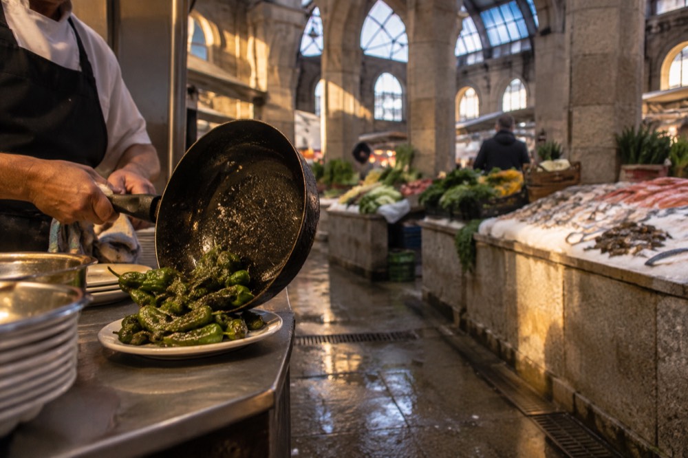 A bar cook tipping fried green peppers from a pan onto a plate with coarse salt