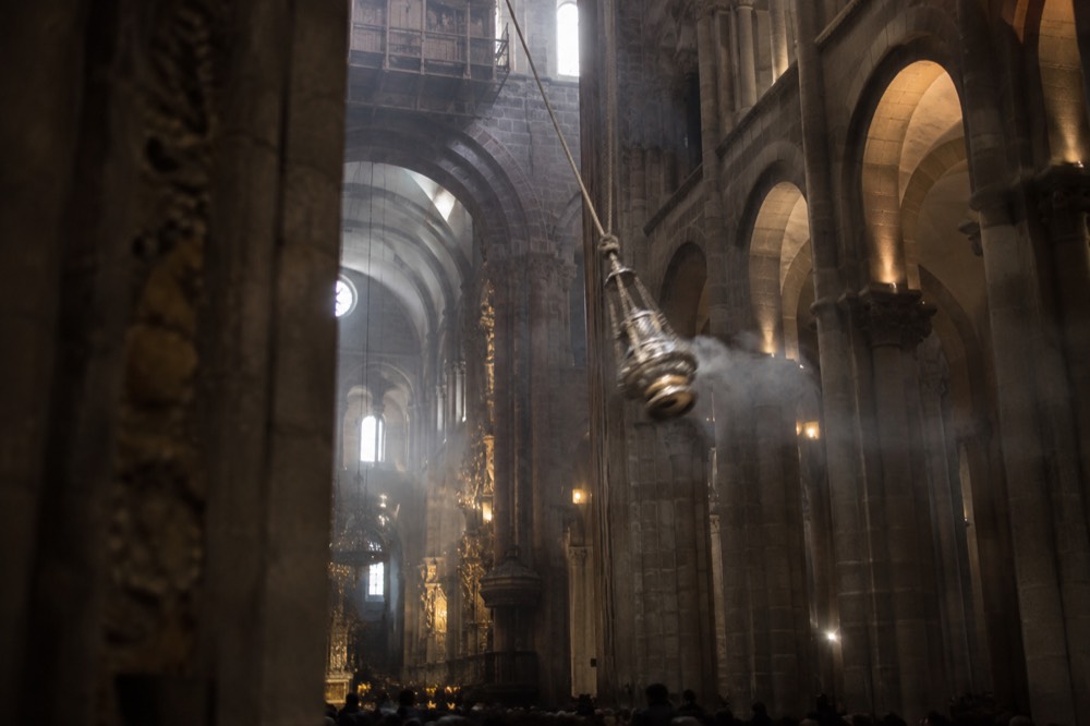 The Botafumeiro censer resting stationary in scaffolding above the crossing of Santiago de Compostela Cathedral