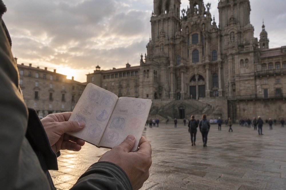 A credencial pilgrim passport held open showing ink stamps from Camino waypoints
