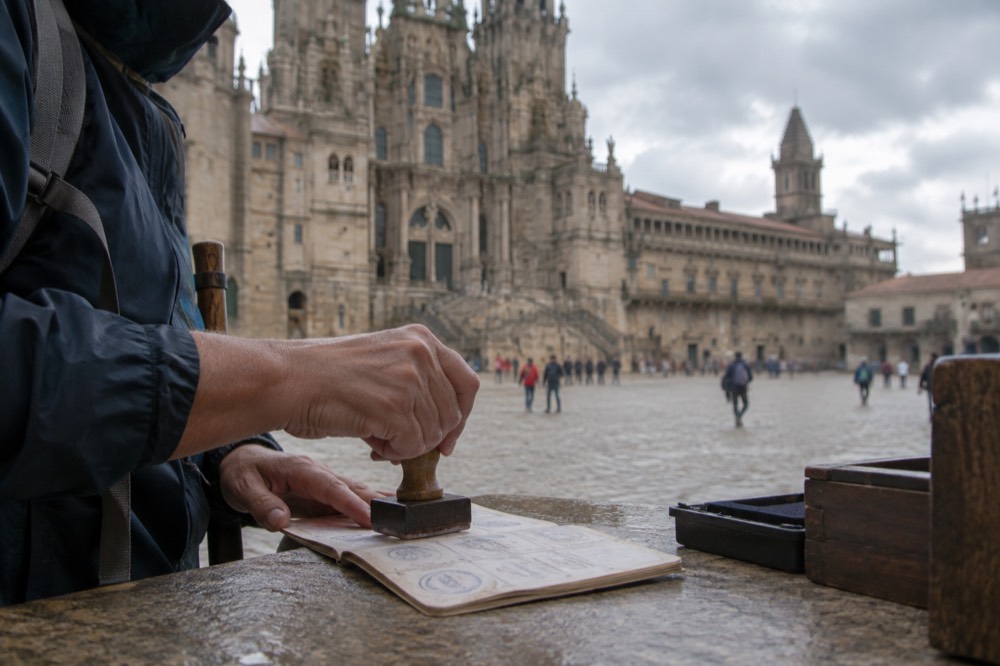 A pilgrim's hand pressing a rubber stamp onto the final page of a well-worn credencial at a stone counter