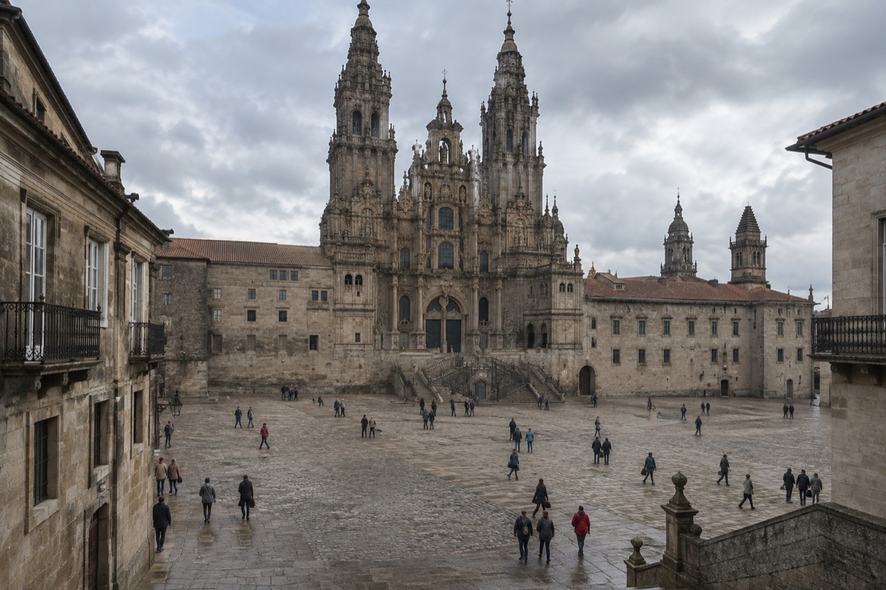 Pilgrims walking a cobblestone street toward the towers of Santiago de Compostela Cathedral