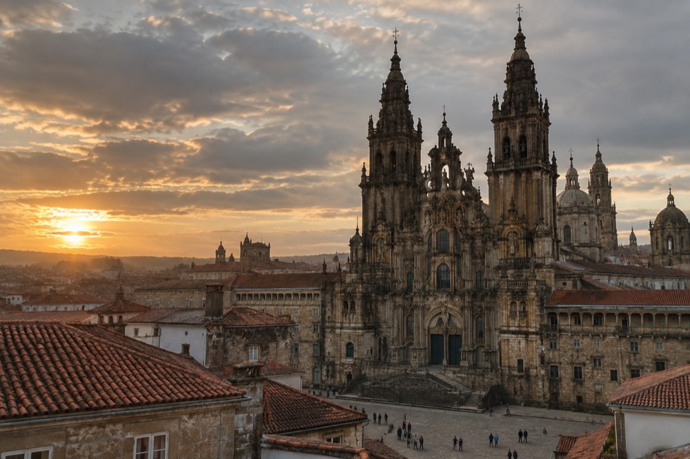 Evening light on the cathedral towers seen from a terrace above the old town rooftops
