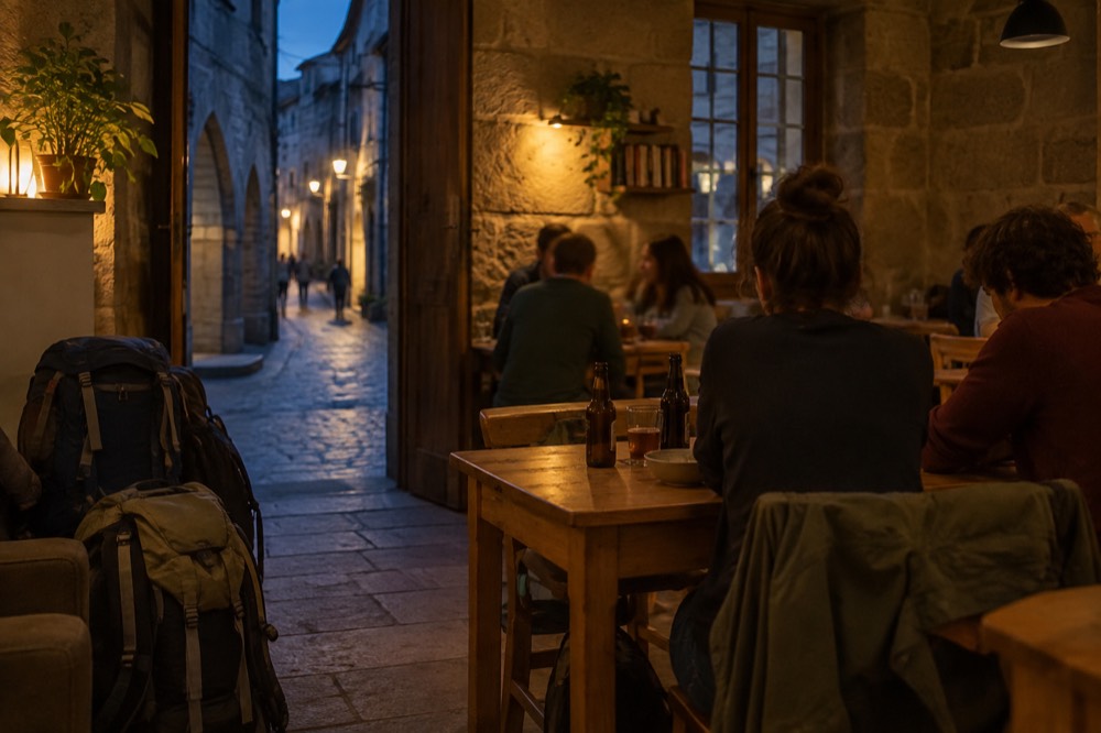 A hostel common room with wooden tables where travelers chat over drinks in the evening