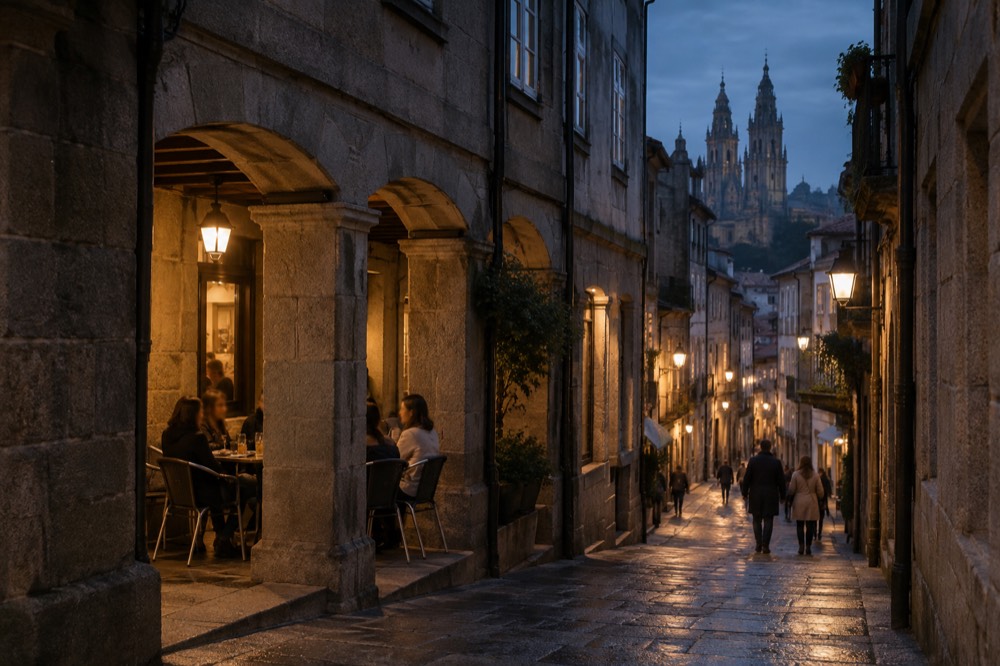 People gathered at an outdoor tapas table on a narrow lit street in the old town