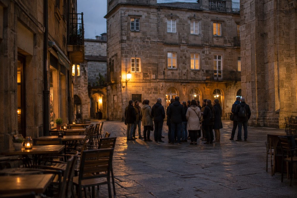A small guided walking group listening to a guide in a lamplit square at night