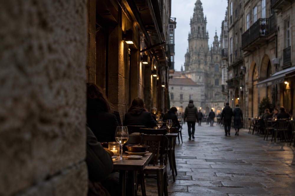Outdoor tables with wine glasses and tapas on a stone arcade street at night