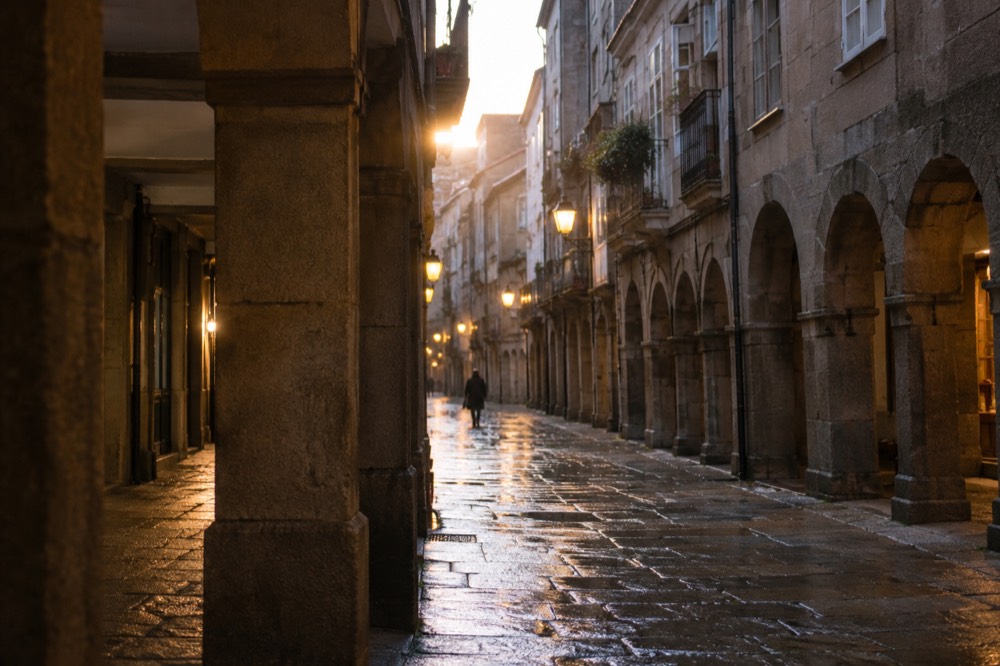 Empty lamplit cobblestone street in the old town with wet stone reflecting light at night