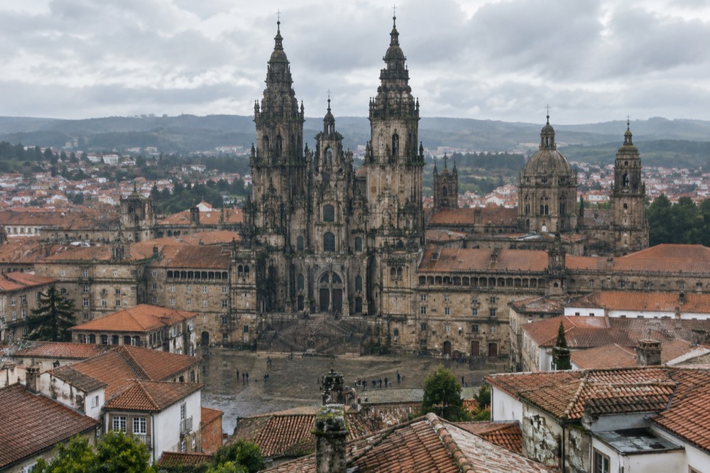 A view across the rooftops and towers of Santiago de Compostela Cathedral from high above the city