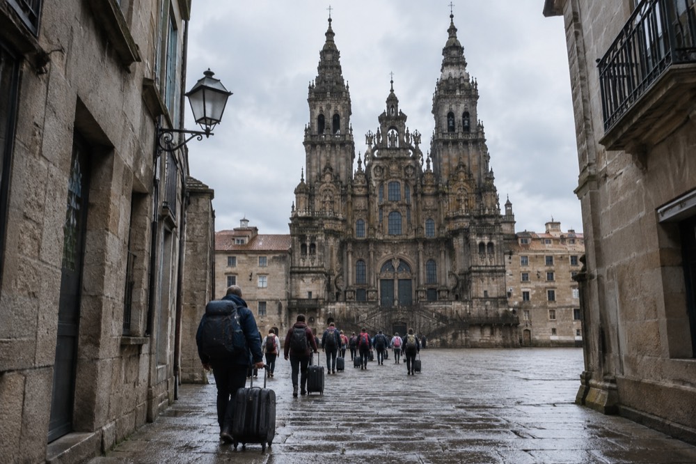 Travellers with luggage walking a cobbled street between old buildings toward the Cathedral skyline