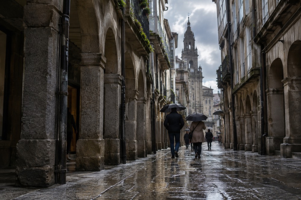 Wet granite streets shining in the old town of Santiago de Compostela during light rain