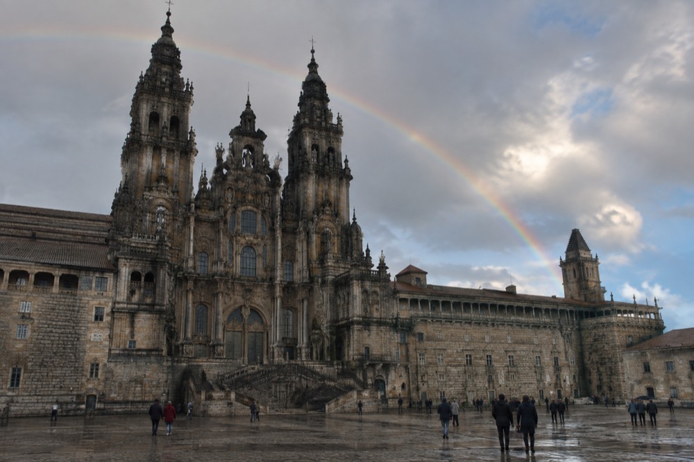 A rainbow over the Cathedral towers of Santiago de Compostela after a passing shower