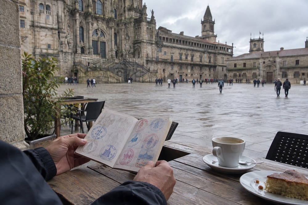 A pilgrim holding open a credential passport full of ink stamps at a wooden café table in Galicia
