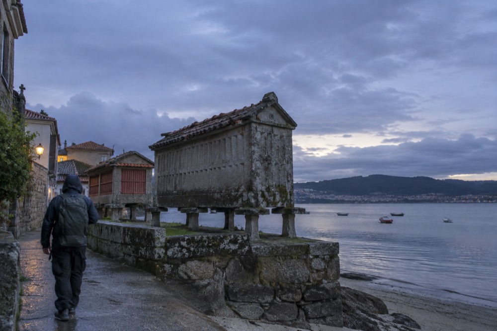 A rain-jacketed pilgrim walking past a mossy stone wall and horreo grain store under grey Galician skies