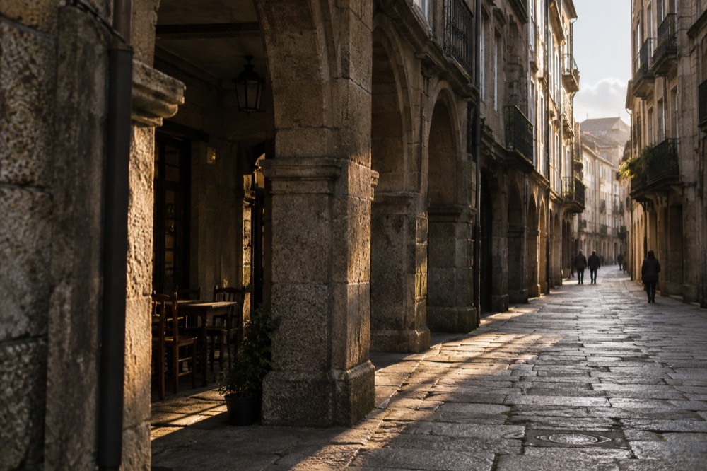 The granite arcades and stone buildings of the old town of Santiago de Compostela on a quiet morning street